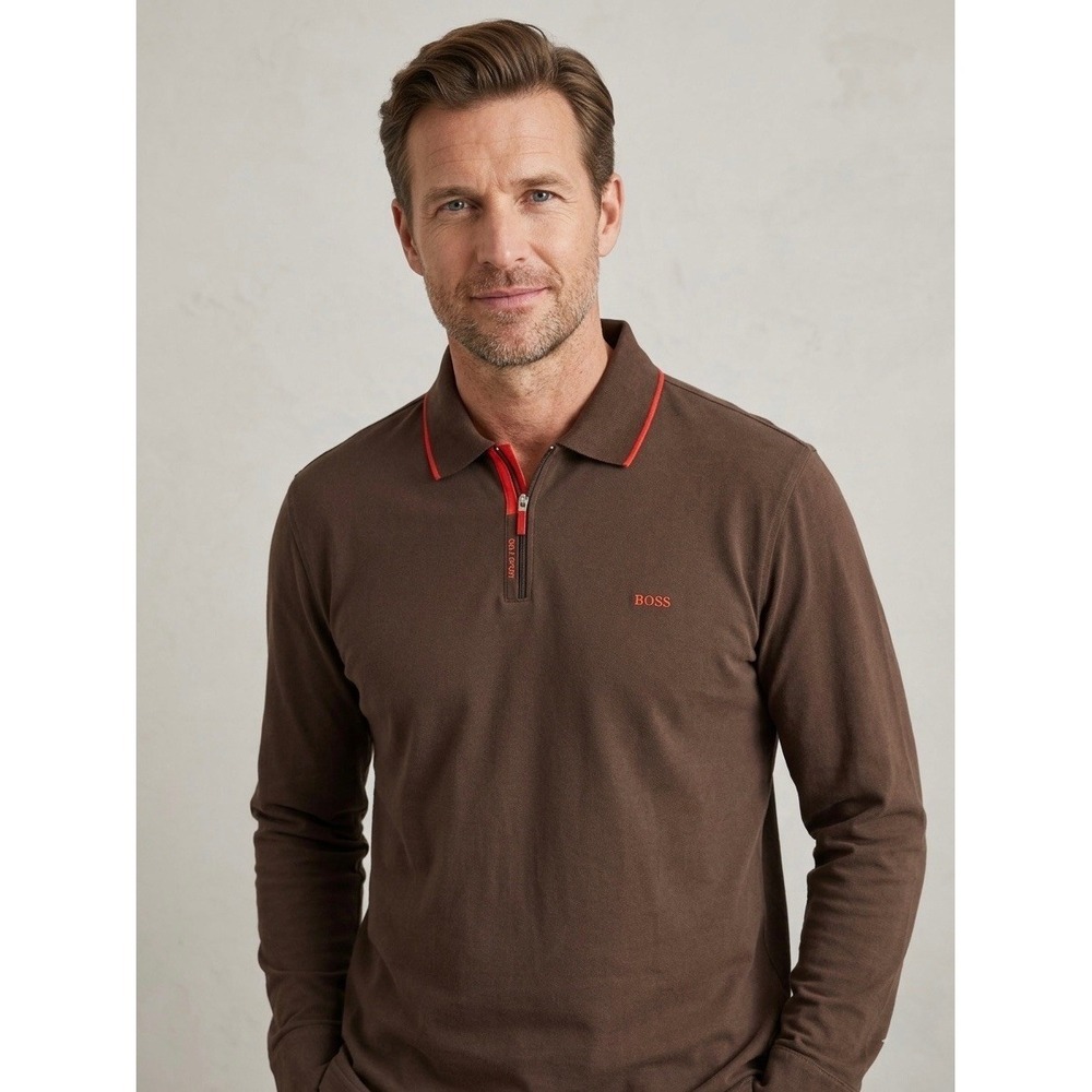 Hugo Boss Golf Sport Mens XL Brown Long Sleeve Quarter Zip Polo Shirt Cotton